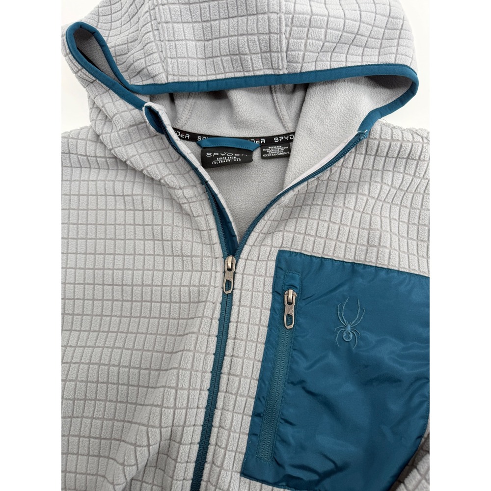 Spyder Mens Grid Fleece Full Zip Hoodie Grey Teal Waffle Knit Jacket Size Medium